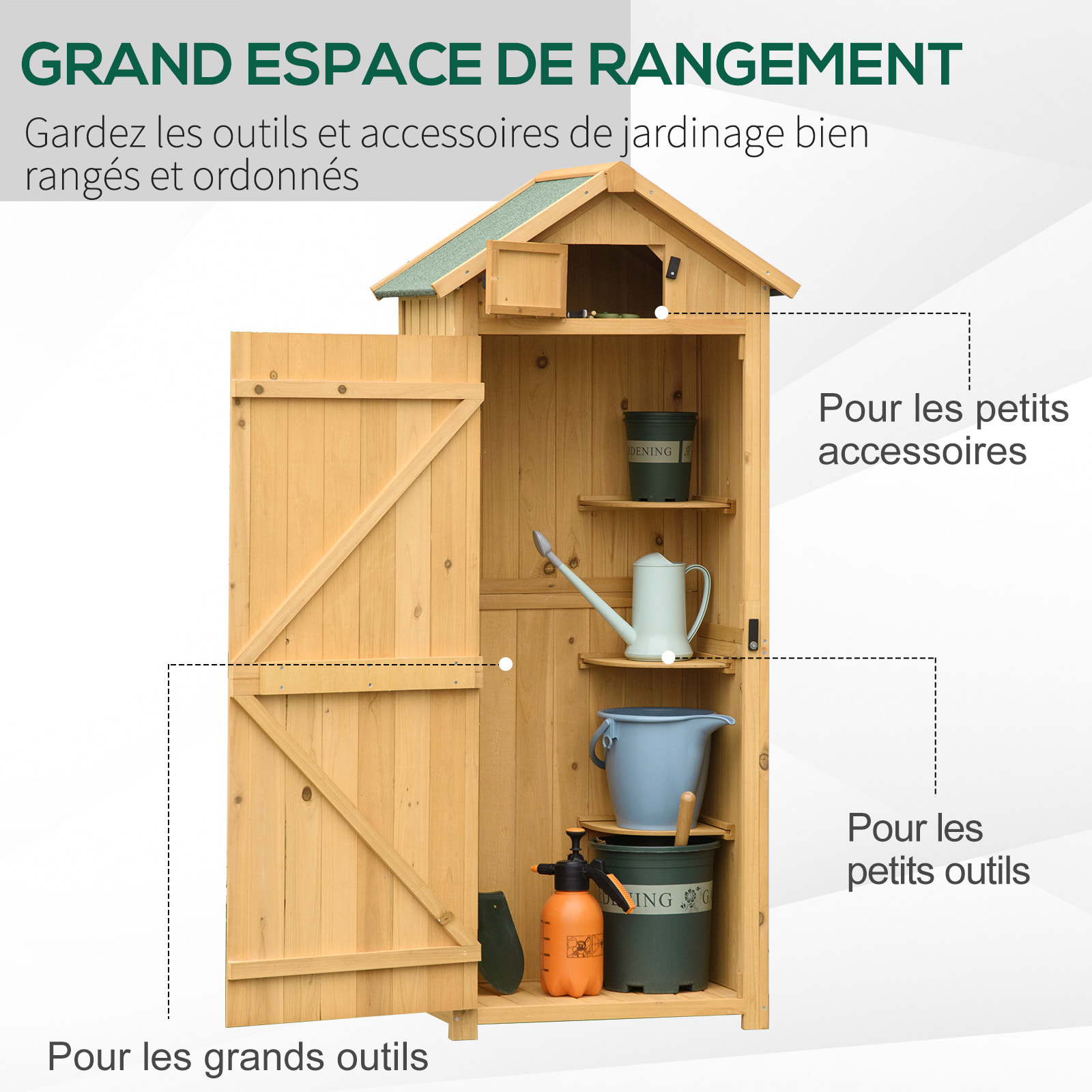 Armoire abri de jardin remise pour outils 3 étagères 2 portes loquets toit pente bitumé 77L x 54l x 179H cm sapin traité lasuré