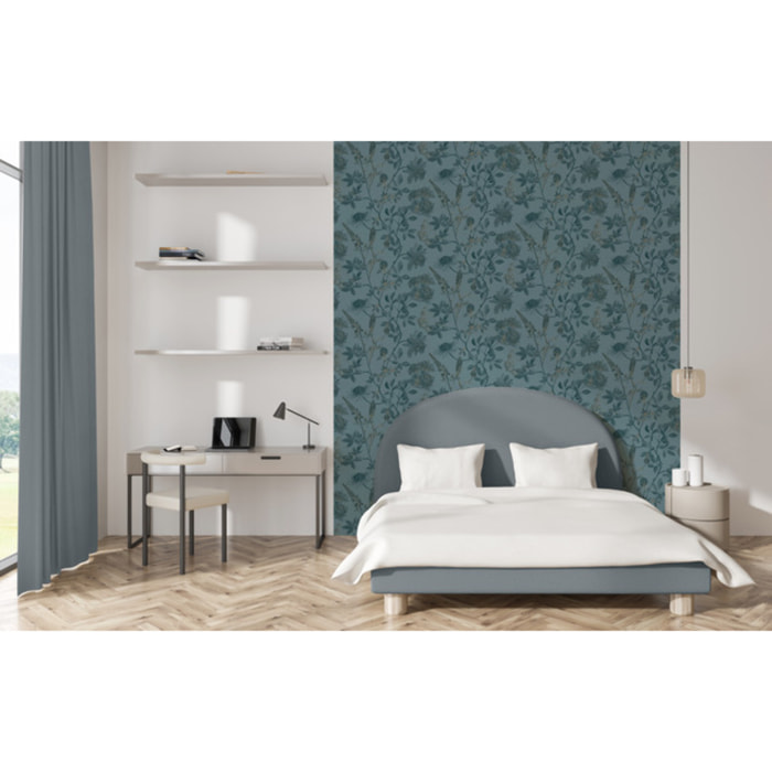 Papier peint floral botanique fond bleu canard