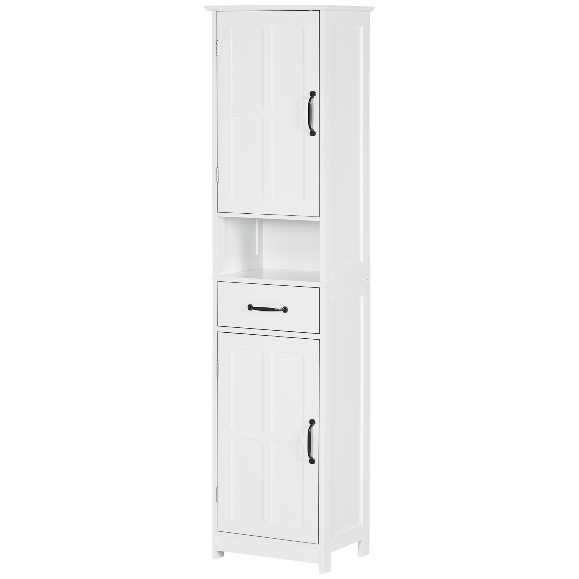 kleankin Columna de Baño Mueble Auxiliar de Baño con 2 Puertas 1 Cajón Estante Abierto y Estantes Ajustables Antivuelco 40x30x164 cm Blanco