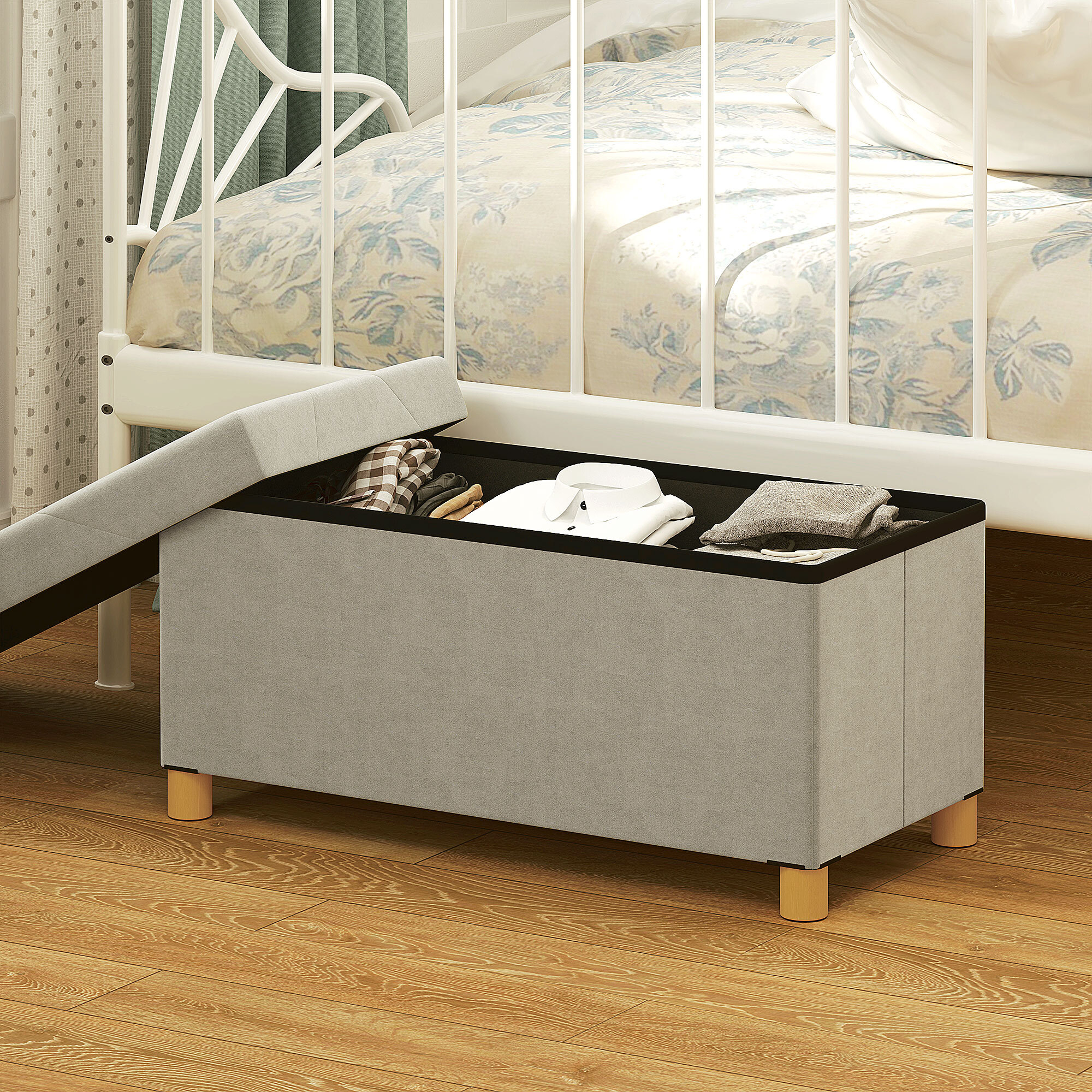 Puff Almacenaje, Banco Almacenaje Plegable, Capacidad de 67 L, 76x38x38 cm, Tapizado en Terciopelo, Baúl de Almacenamiento Dormitorio, Carga 120 kg, para Sala de Estar, Entrada, Crema