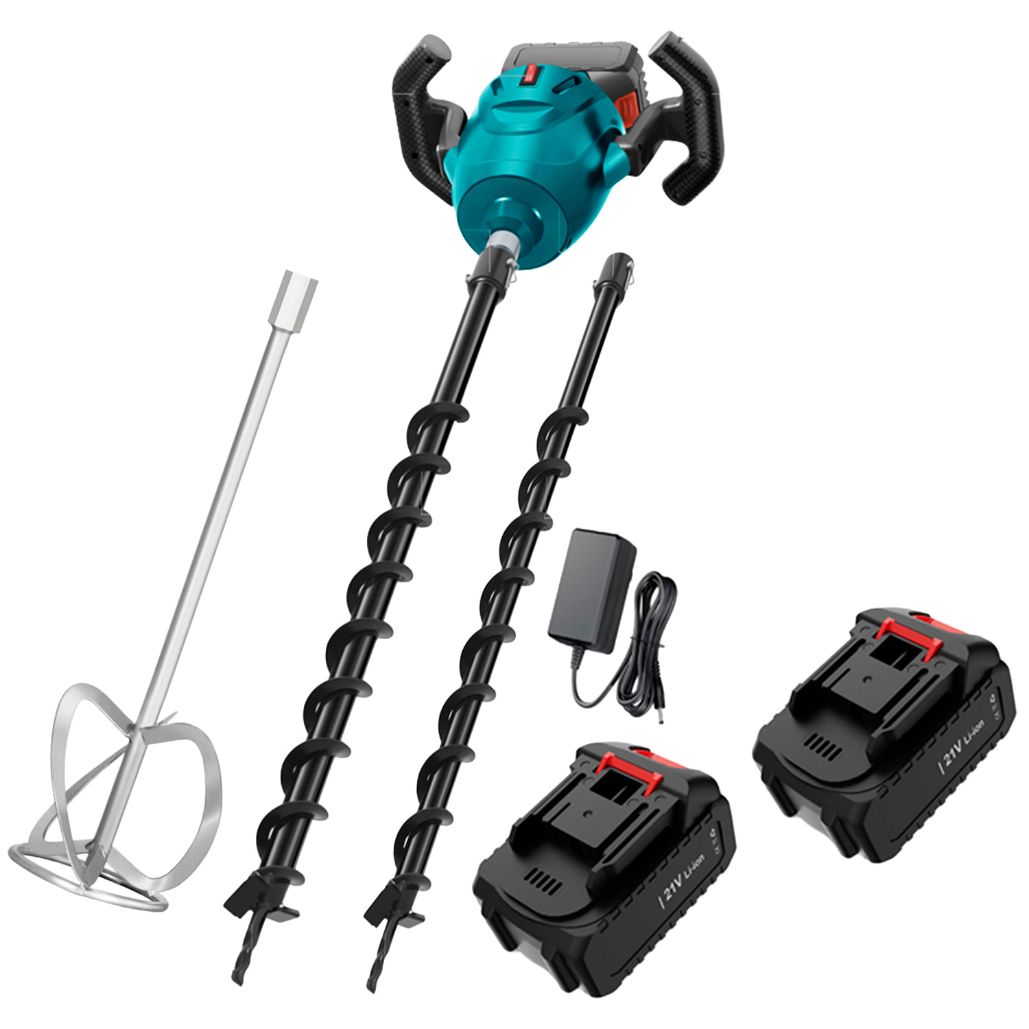 Trapano elettrico per terra da 20V con motore senza spazzole. Due batterie da 15.000 mAh, 2 punte da 40/60 mm e miscelatore incluso.