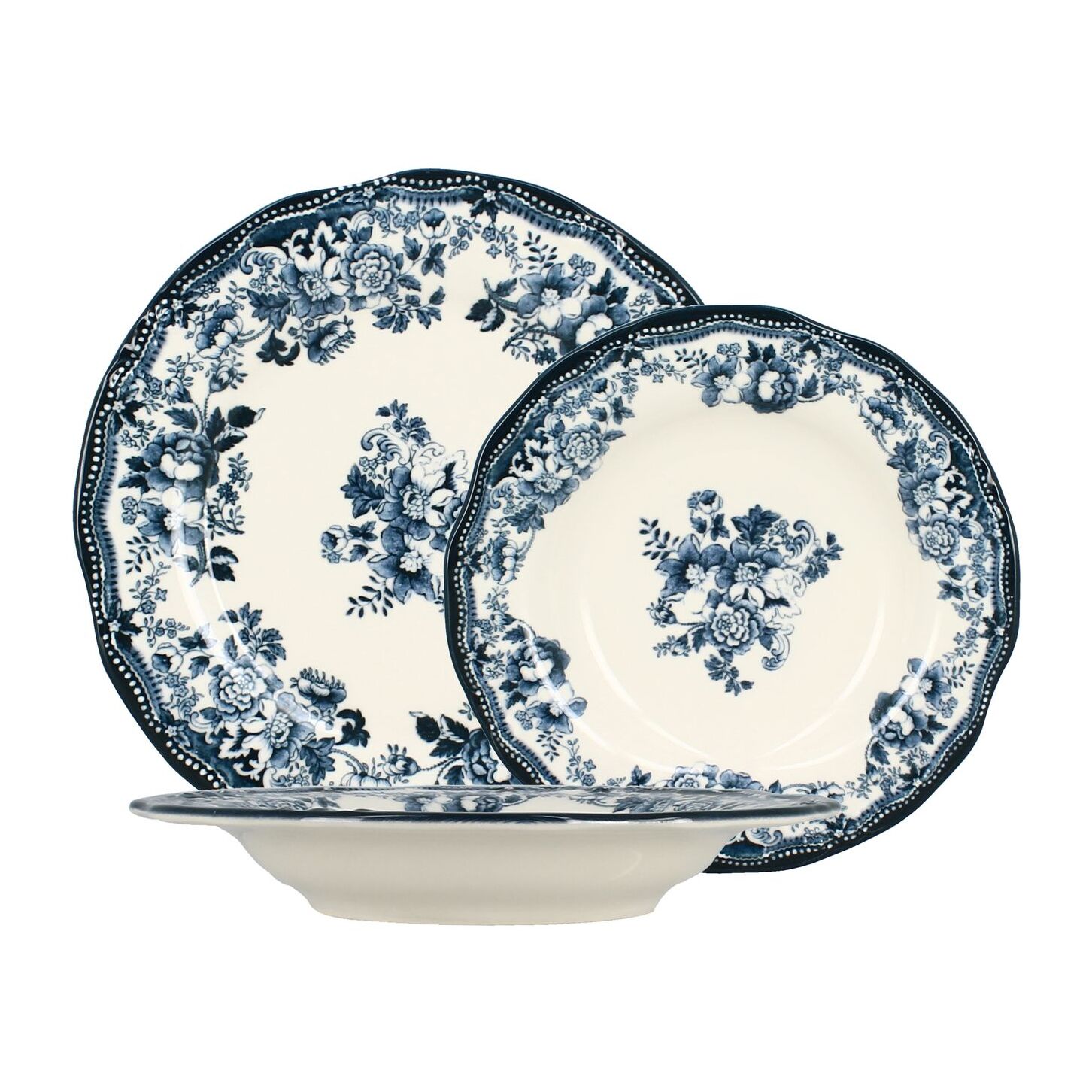 Lot de 6 assiettes creuses fleuries en grès bleu 22cm FAUSTINE
