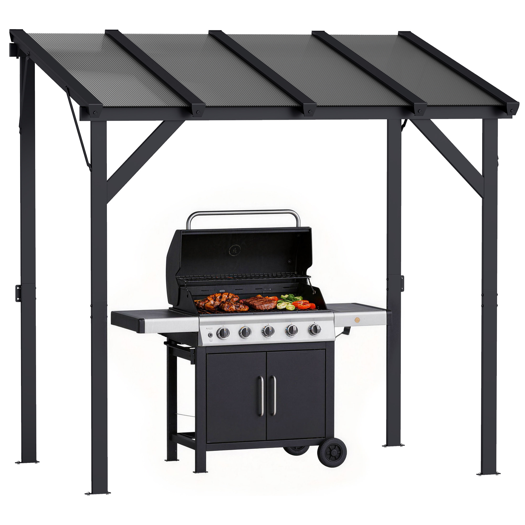 Carpa Barbacoa 2,5x1,5 m, Gazebo para Barbacoa con Techo Inclinable de Policarbonato, UPF50+, Estructura de Metal Galvanizado y Aluminio, Diseño Adosado para Jardín Exterior, BBQ, Gris Oscuro