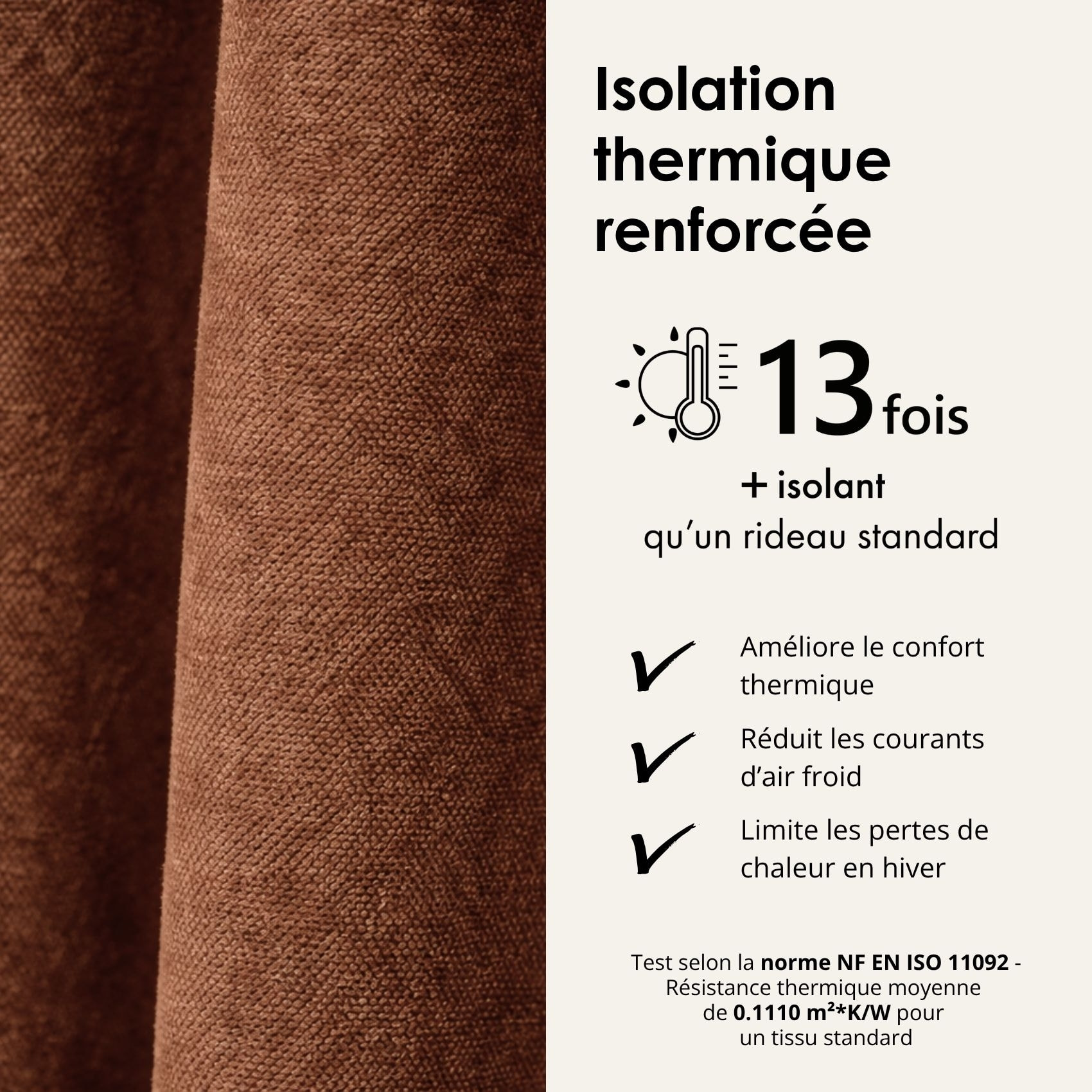 Rideau thermique phonique et semi occultant à galons fronceurs KONFOR - Marron Clair