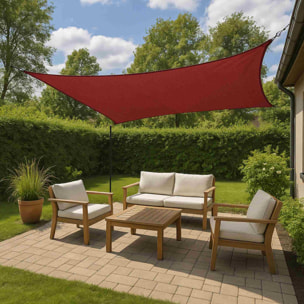 Paño de sombra cuadrado en poliéster rojo burdeos 3x3m, con ganchos de metal y bolsa de transporte