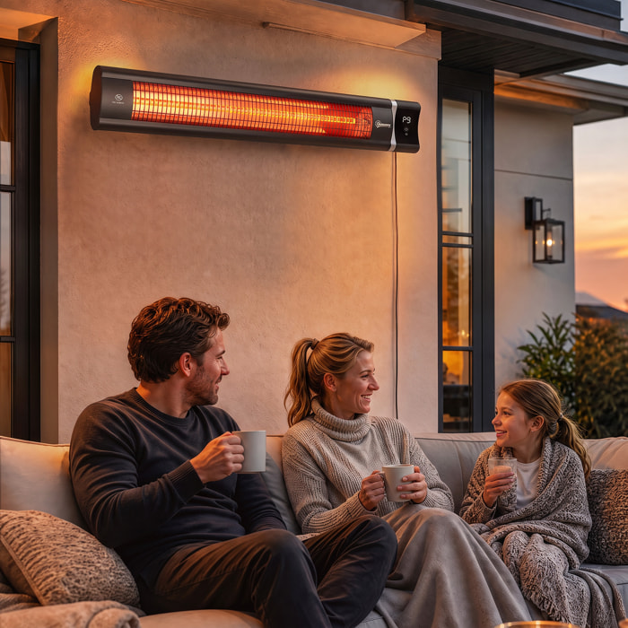 Calefactor por Infrarrojos para Terraza 3000 W, Estufa Exterior Eléctrica Pared de Aluminio con IP65, 9 Niveles de Calor, Temporizador 24 H, Control Táctil/Remoto, Pantalla LED para Exterior