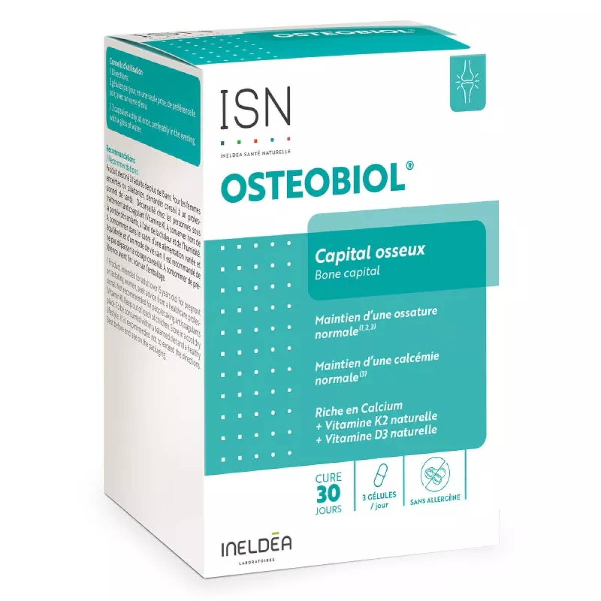 INELDEA SANTE NATURELLE - OSTEOBIOL - Maintien de la densité osseuse - Riche en calcium, vitamines D3 et K2- 90 gélules - Cure de 30 j