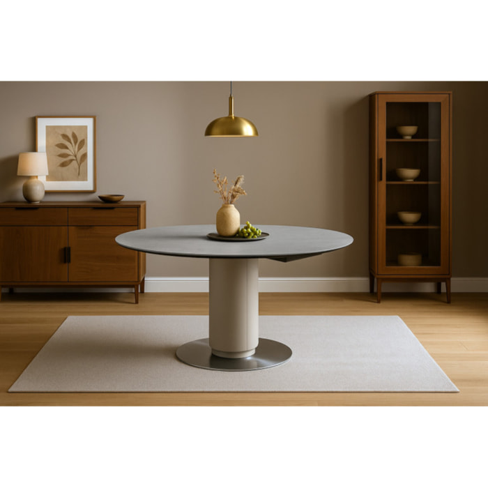 Table extensible ronde 90 à 150 cm céramique gris pied métal - GIGI