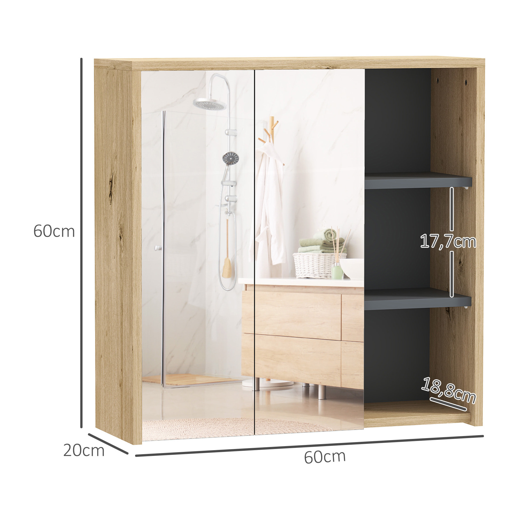 Armoire miroir de salle de bain - 2 portes, étagère, 3 niches - dim. 60 x 20 x 60 cm - effet bois clair naturel