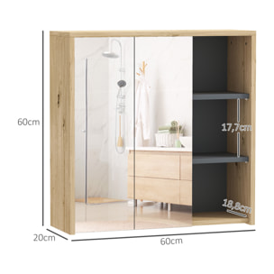 Armoire miroir de salle de bain - 2 portes, étagère, 3 niches - dim. 60 x 20 x 60 cm - effet bois clair naturel