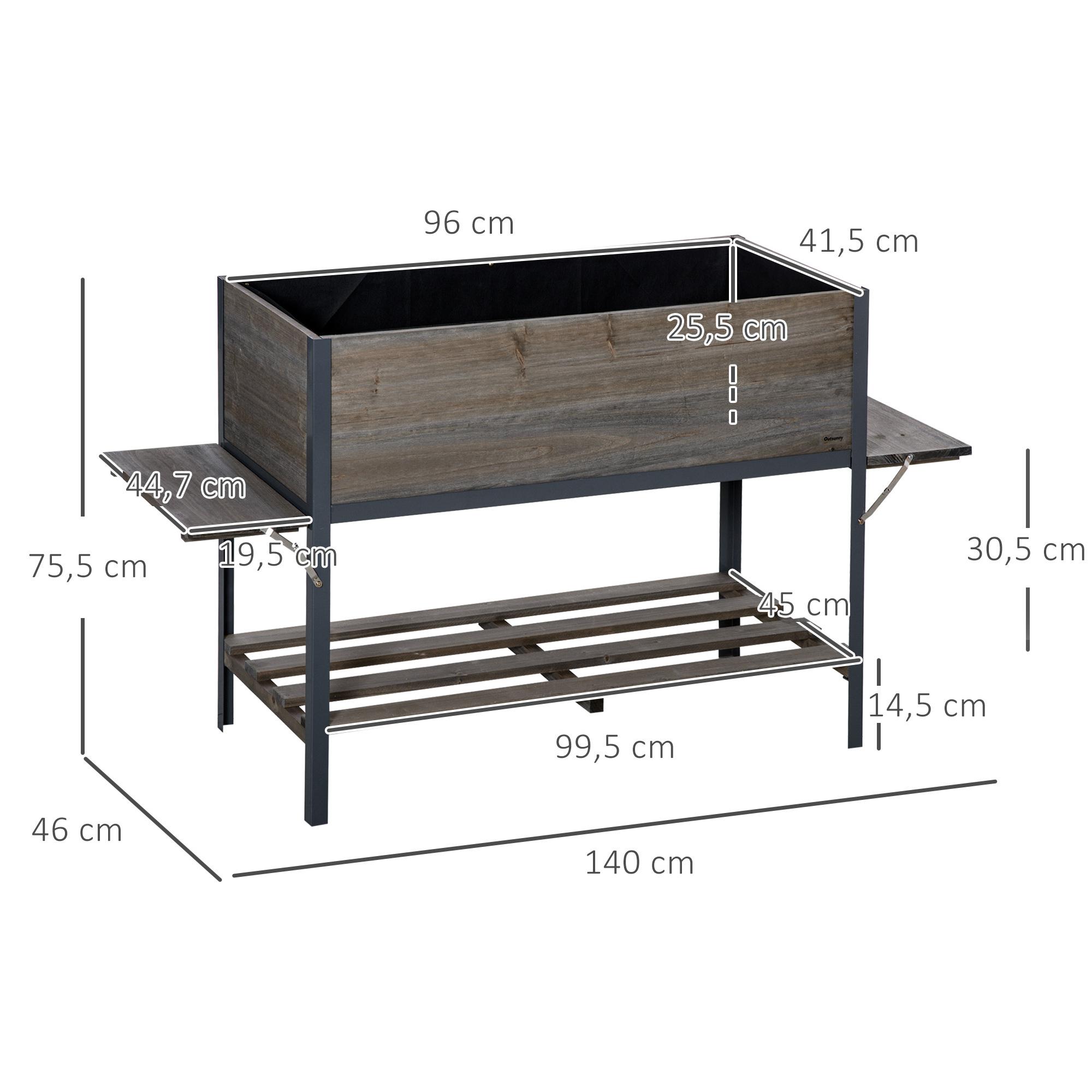 Huerto Urbano Elevado de Madera 140x46x75,5 cm Mesa de Cultivo de Jardín con 2 Baldas Laterales Estante Inferior y 2 Orificios de Drenaje para Plantas Flores Gris