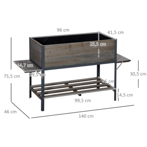 Huerto Urbano Elevado de Madera 140x46x75,5 cm Mesa de Cultivo de Jardín con 2 Baldas Laterales Estante Inferior y 2 Orificios de Drenaje para Plantas Flores Gris