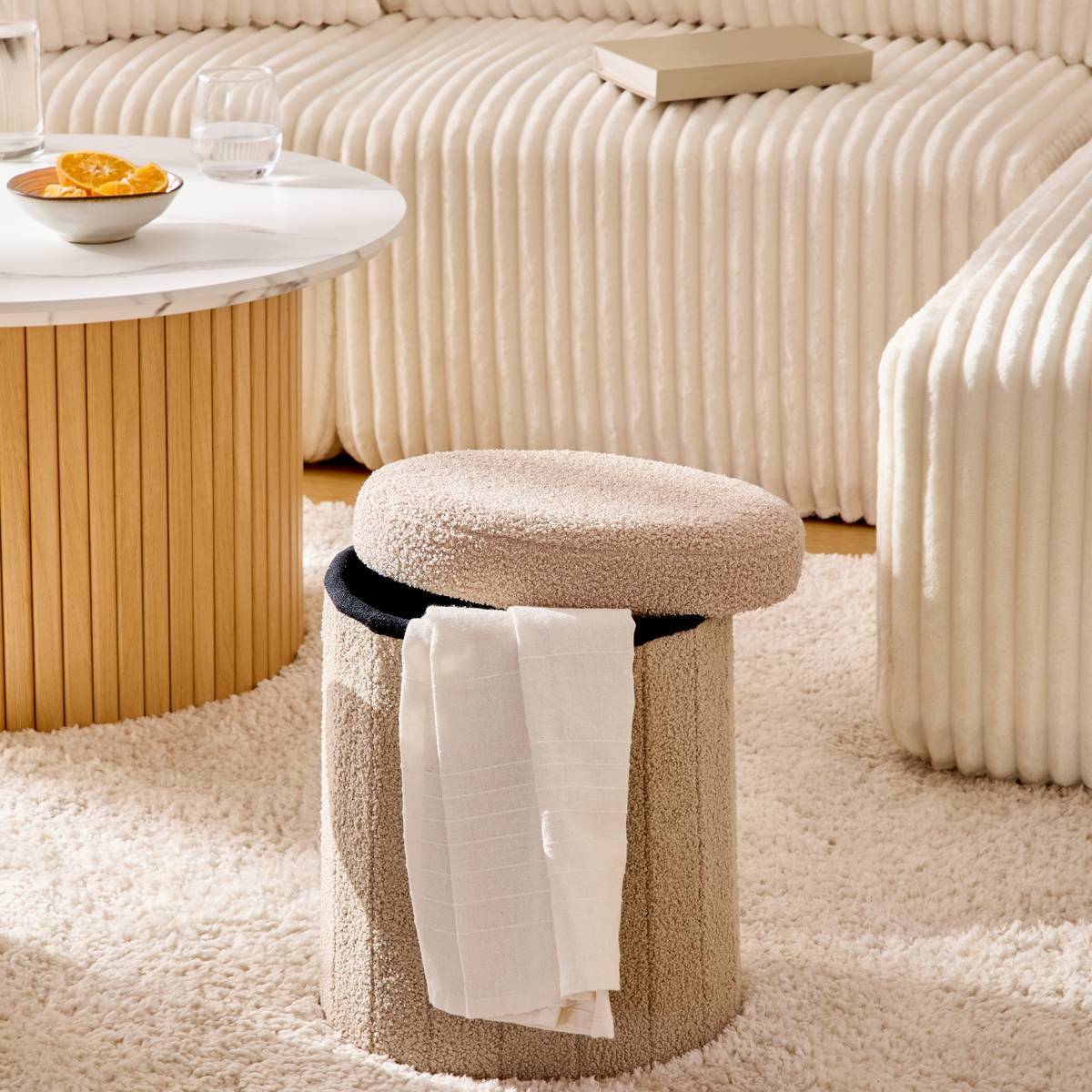 Pouf Pliable Coffre Jaiko en Bouclette Beige 32x38cm