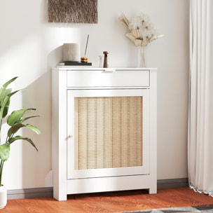 Cubre Radiadores con Puerta Abatible y Ratán, Cubreradiador de MDF, 78x19x95,5 cm, Cubierta para Radiador, Compartimento, Diseño Bohemio, para Salón, Dormitorio, Blanco