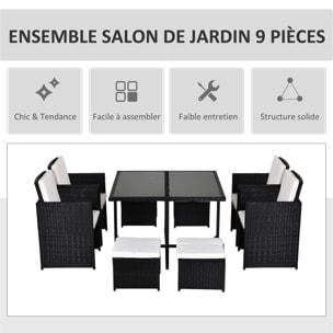 Ensemble salon de jardin encastrable 8 personnes 9 pièces résine tressée 4 fils imitation rotin noir coussins déhoussables crème