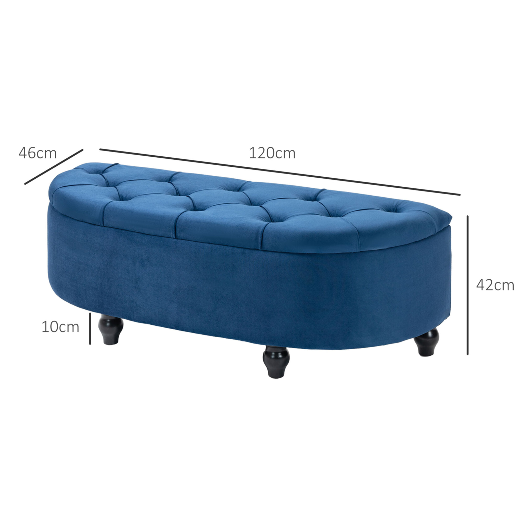 Pouf de rangement coffre 2 en 1 - pouf design classique chic capitonné demi-cercle - pieds bois hévéa noir revêtement velours bleu roi