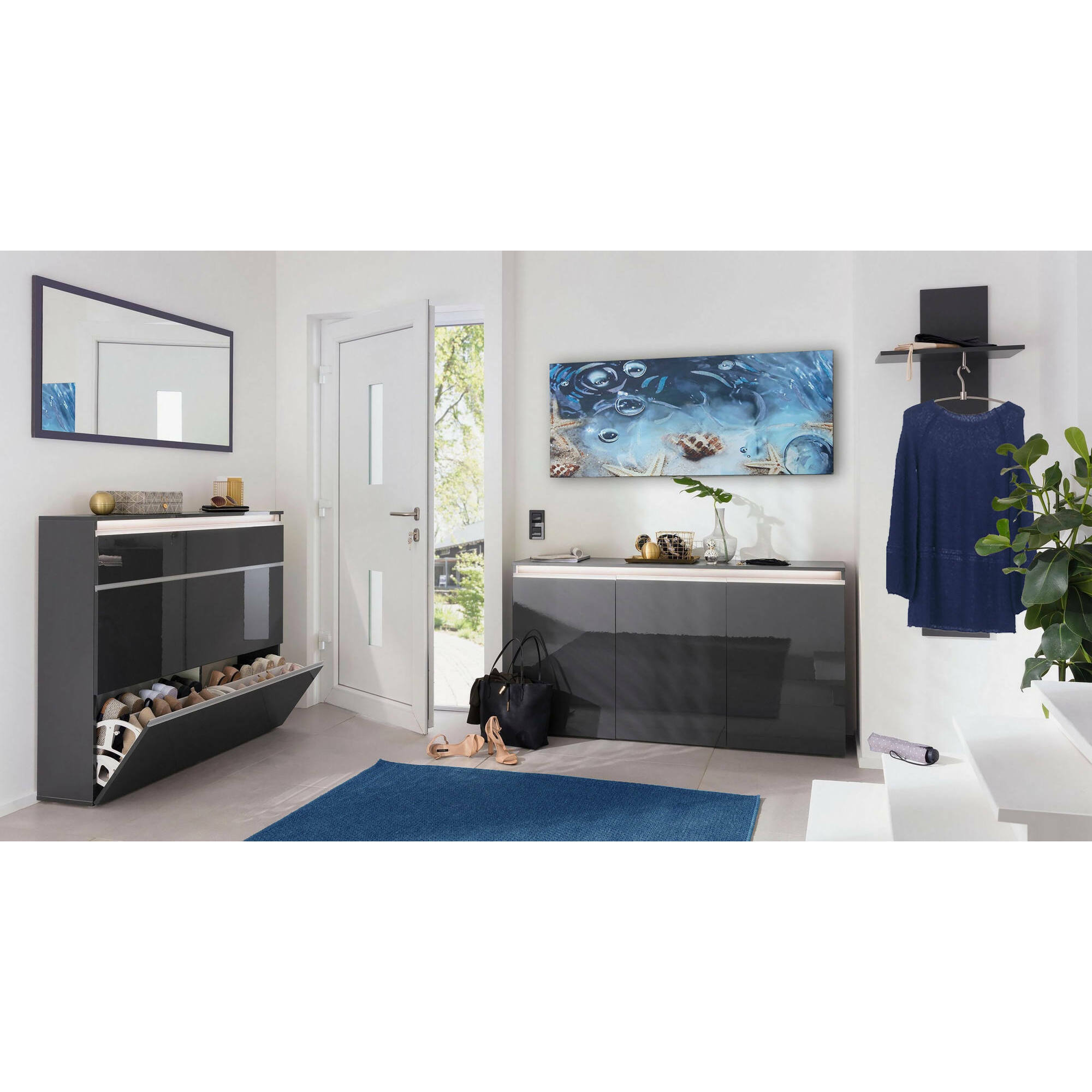Mobile da ingresso Etesia, Entratina moderna multifunzione, Armadietto multiuso per atrio, 100% Made in Italy, cm 50x27h140, Antracite lucido