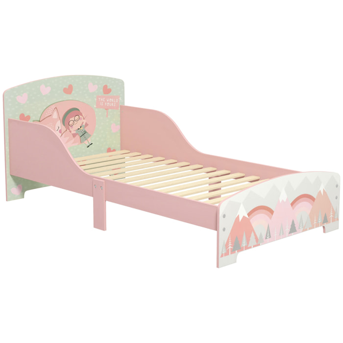 Cama Infantil de Madera 143x77x60 cm Cama para Niños de 3-6 Años con Barreras de Protección y Estampados Carga Máx. 40 kg Mueble de Dormitorio Moderno Rosa