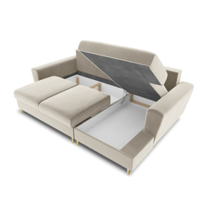Canapé d'angle droit convertible avec coffre de rangement "Kyoto" 4 places en velours beige clair