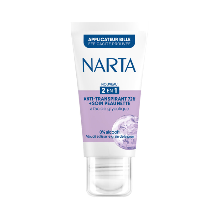 Narta Tube Roll-On Anti-Transpirant 72H + Soin Peau Nette à l'Acide Glycolique 50 ml