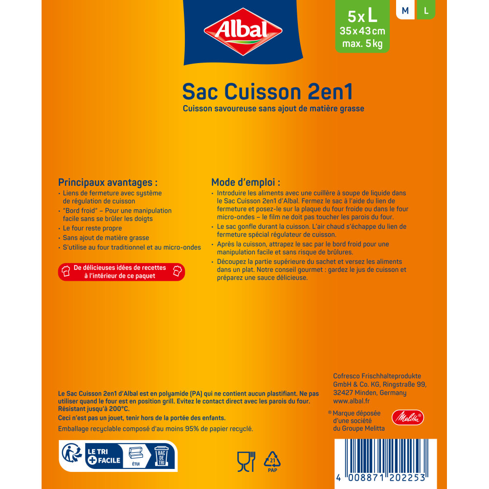 4x5 Sacs Cuisson L 2 en 1 Four et Micro-onde (35 x 43 cm) Albal