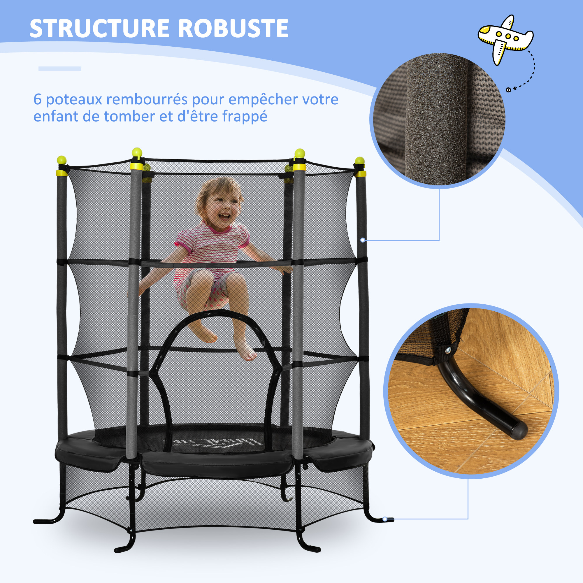 Trampoline enfant Ø 1,63 × 1,63H m filet de sécurité porte zipée couvre-ressorts 6 poteaux rembourrés inclus noir