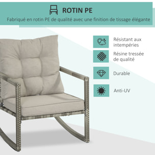 Ensemble de jardin 3 pièces 2 fauteuils à bascule table basse coussins inclus métal époxy résine tressée PE polyester gris