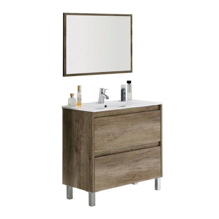 Mobile Bagno A Terra Con Lavabo In Ceramica E Specchio Coordinato Mobiletto Con Lavandino E 2 Cassettoni Ammortizzati  80 x 45 x 80 Cm Colore Quercia