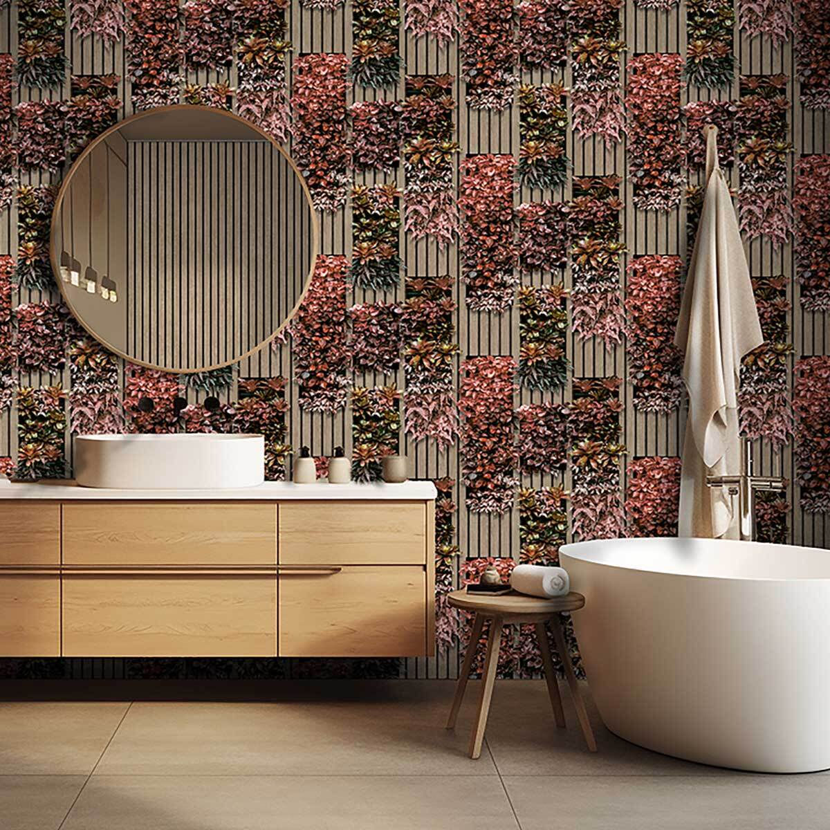 Papier peint végétal mural rouge et bois