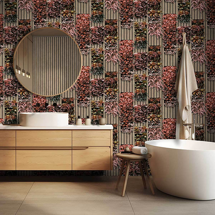 Papier peint végétal mural rouge et bois