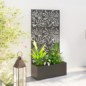 Jardinière treillis haut design graphique feuilles bananier 90 x 37 x 180 cm métal époxy noir