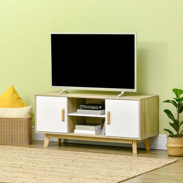 HOMCOM Mueble de TV para Televisores de hasta 55 Pulgadas Mesa para TV de Salón Moderna con 2 Puertas 2 Estantes Abiertos y Balda Interior Ajustable para Dormitorio 120x40x55 cm Natural y Blanco