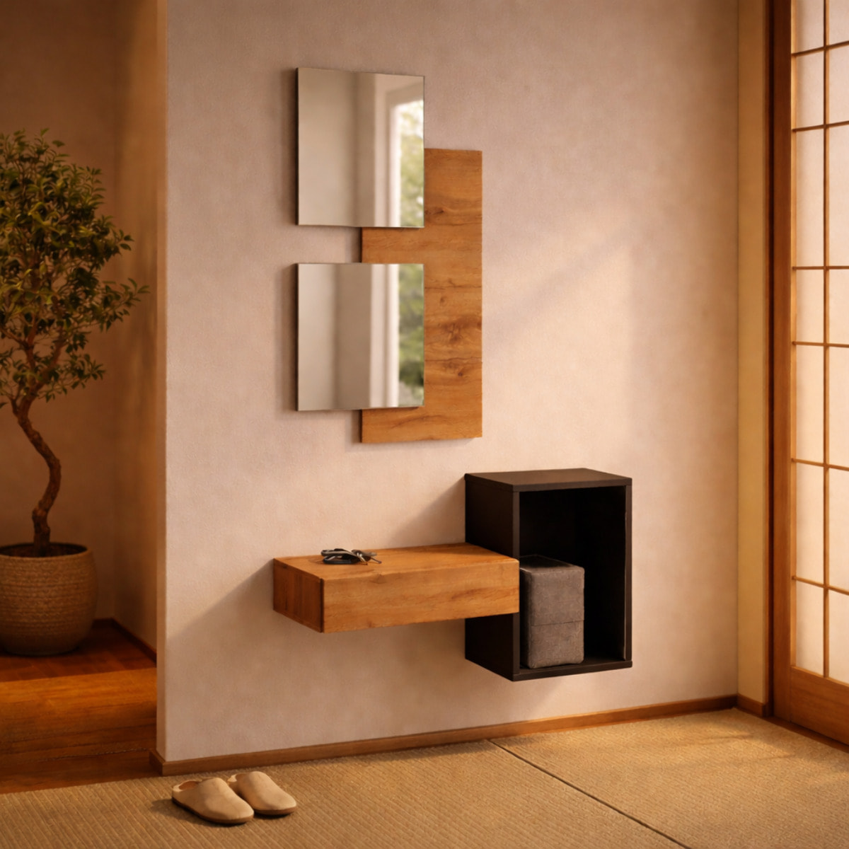 Set Mobile Ingresso Moderno Con Specchi Pensile A Giorno Mensola Con Cassetto Salvaspazio Mobile Da Parete 100 x 170 x 30 Cm Nero E Rovere