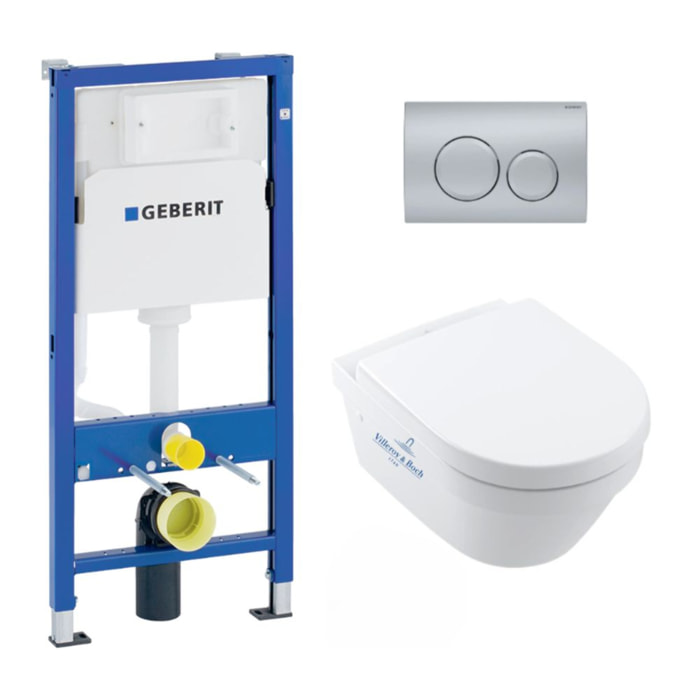 Pack WC Bati Geberit UP100 + Cuvette Villeroy & Boch Architectura sans bride fixations invisibles + Plaque chrome mat (Archi3Geb