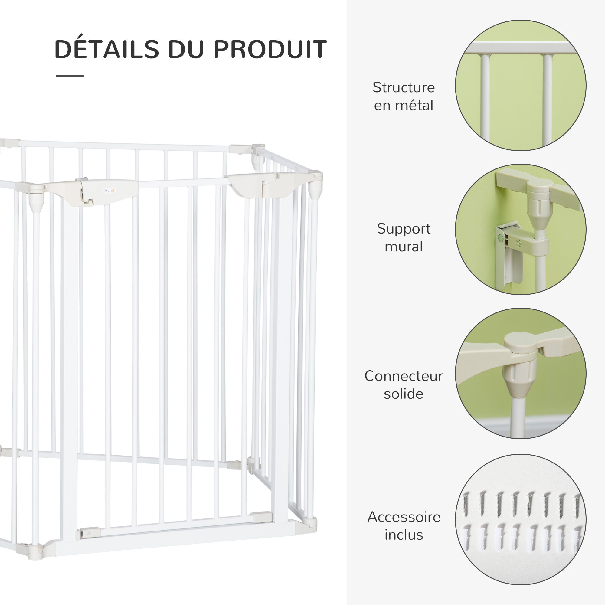 Barrière de sécurité parc enclos chien modulable pliable porte verrouillable intégrée 5 panneaux en métal 300L max. x 74,5H cm métal PP blanc