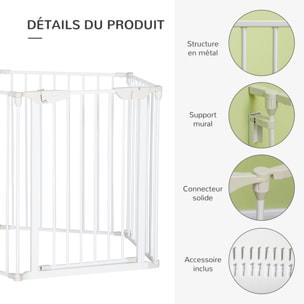 Barrière de sécurité parc enclos chien modulable pliable porte verrouillable intégrée 5 panneaux en métal 300L max. x 74,5H cm métal PP blanc