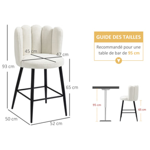 Lot de 2 tabourets de bar design contemporain - repose-pied - acier noir revêtement effet laine bouclée blanc