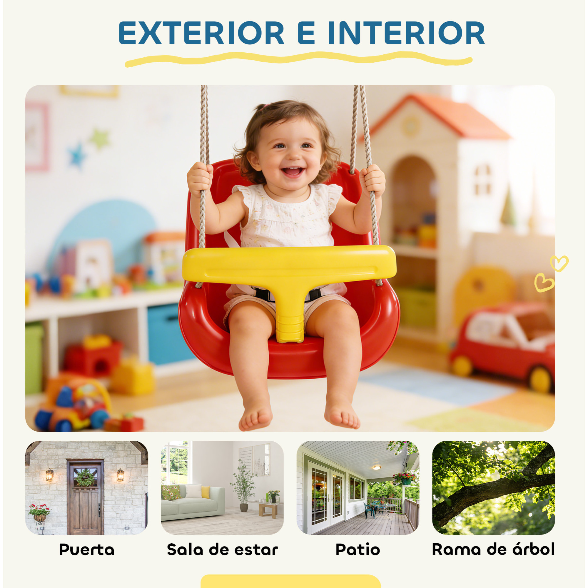 Columpio Infantil, Columpio para Niños, Cuerda Ajustable, con Respaldo Alto, Barandilla de Seguridad en T, para Interior, Exterior, Rojo