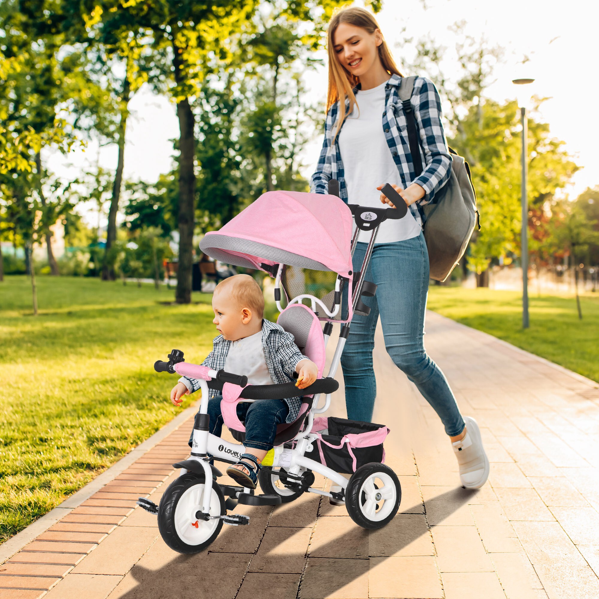 Triciclo Evolutivo para Bebés 6 en 1 Triciclo para Niños de 1-5 Años Bicicleta para Niños con Toldo Plegable Mango Telescópico Desmontable Cinturón de Seguridad y Cesto 95x50x106 cm Rosa
