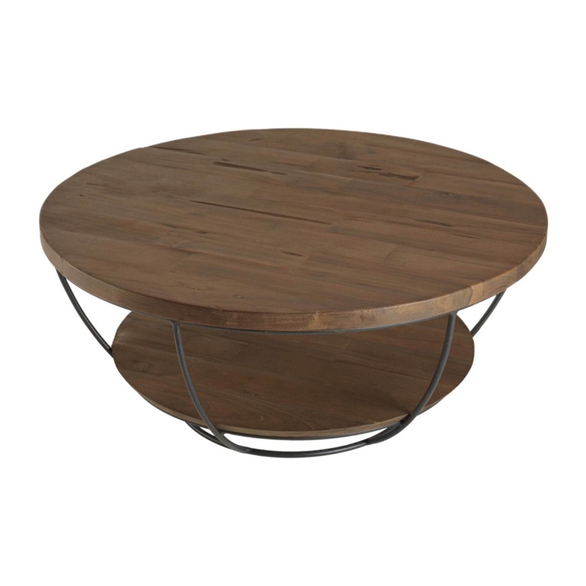 SIXTINE - Table basse coque ronde 80x80cm double plateau teck recyclé métal noir