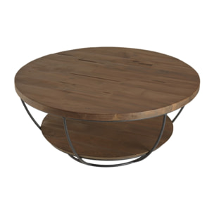 SIXTINE - Table basse coque ronde 80x80cm double plateau teck recyclé métal noir