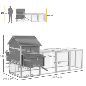 Poulailler cottage cage à poules sur pied dim. 310L x 149l x 149H cm multi-équipement bois sapin gris