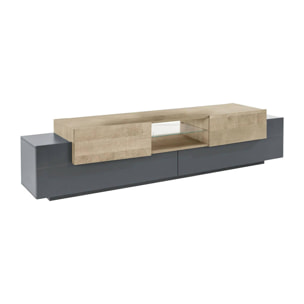 Mobile porta TV Amato, Credenza bassa da soggiorno, Base porta televisione, 100% Made in Italy, cm 220x40h51, Antracite e Acero