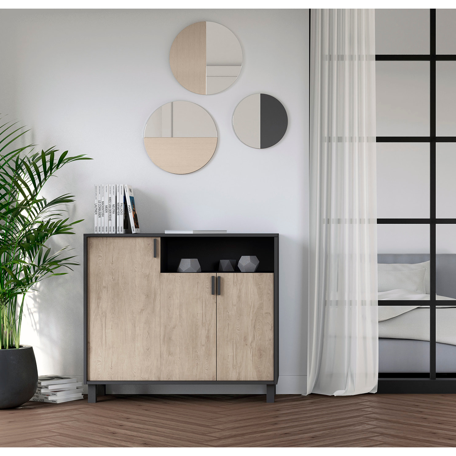 Zapatero Dyrnes melamina grafito puertas roble claro 88x100x37 cm