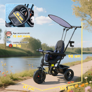 Tricycle enfant pare-soleil pliable canne amovible benne rangement acier bleu à pois noir