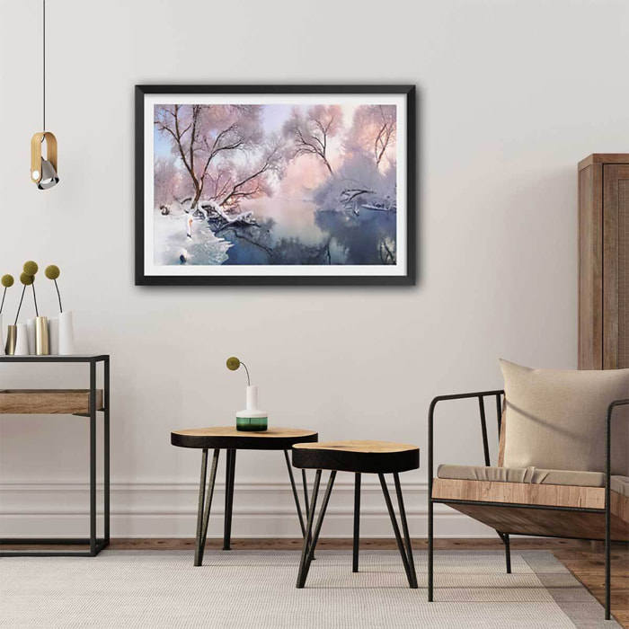 Affiche paysage Chrismas lac Affiche + cadre en bois - Noir
