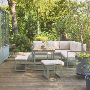 Salon de jardin PAMPAS 8 places en bois d'acacia et aluminium. coussins beiges en polyester. avec table rectangulaire