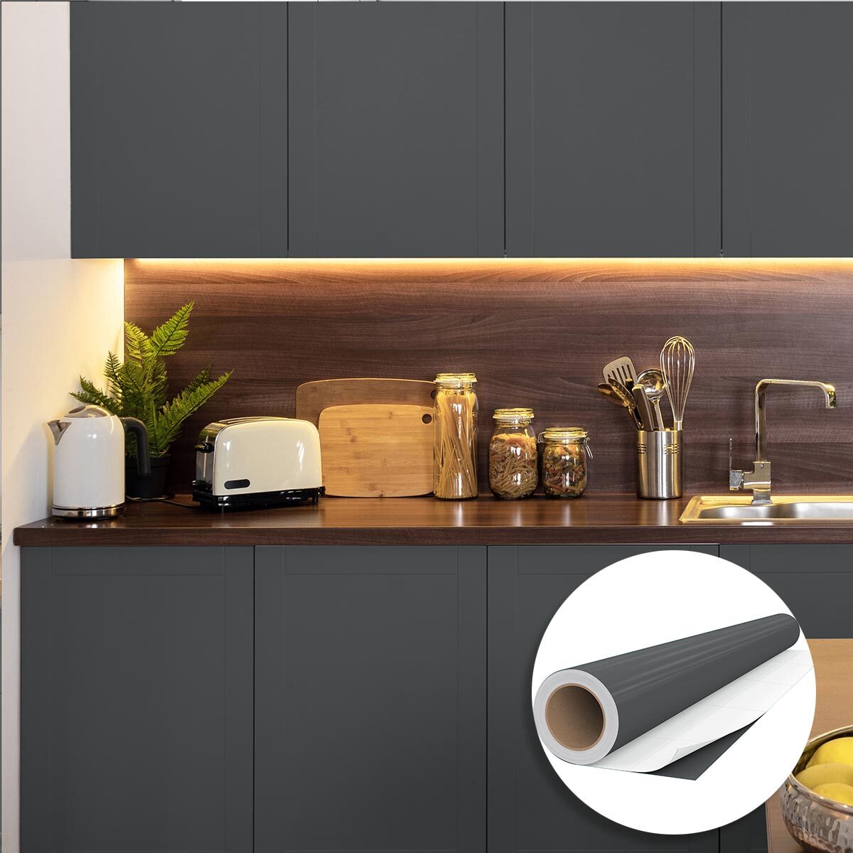 Rouleau adhésif décoratif Vinyle au Mètre - Gris tempete - Sticker Lavable Imperméable Mur Cuisine Meubles
