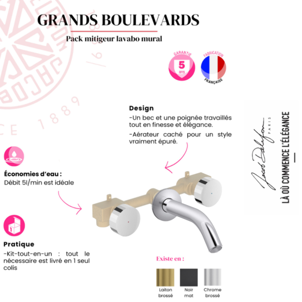 Miroir LED rond 3 trous + mélangeur lavabo encastré 3 trous Grands Boulevards marbré travertin sable et noir