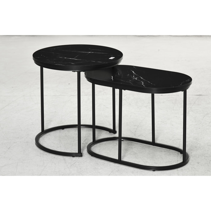 Lot de 2 tables basses gigognes - tables d'appoint encastrables style contemporain - piètement acier plateau MDF aspect marbre noir